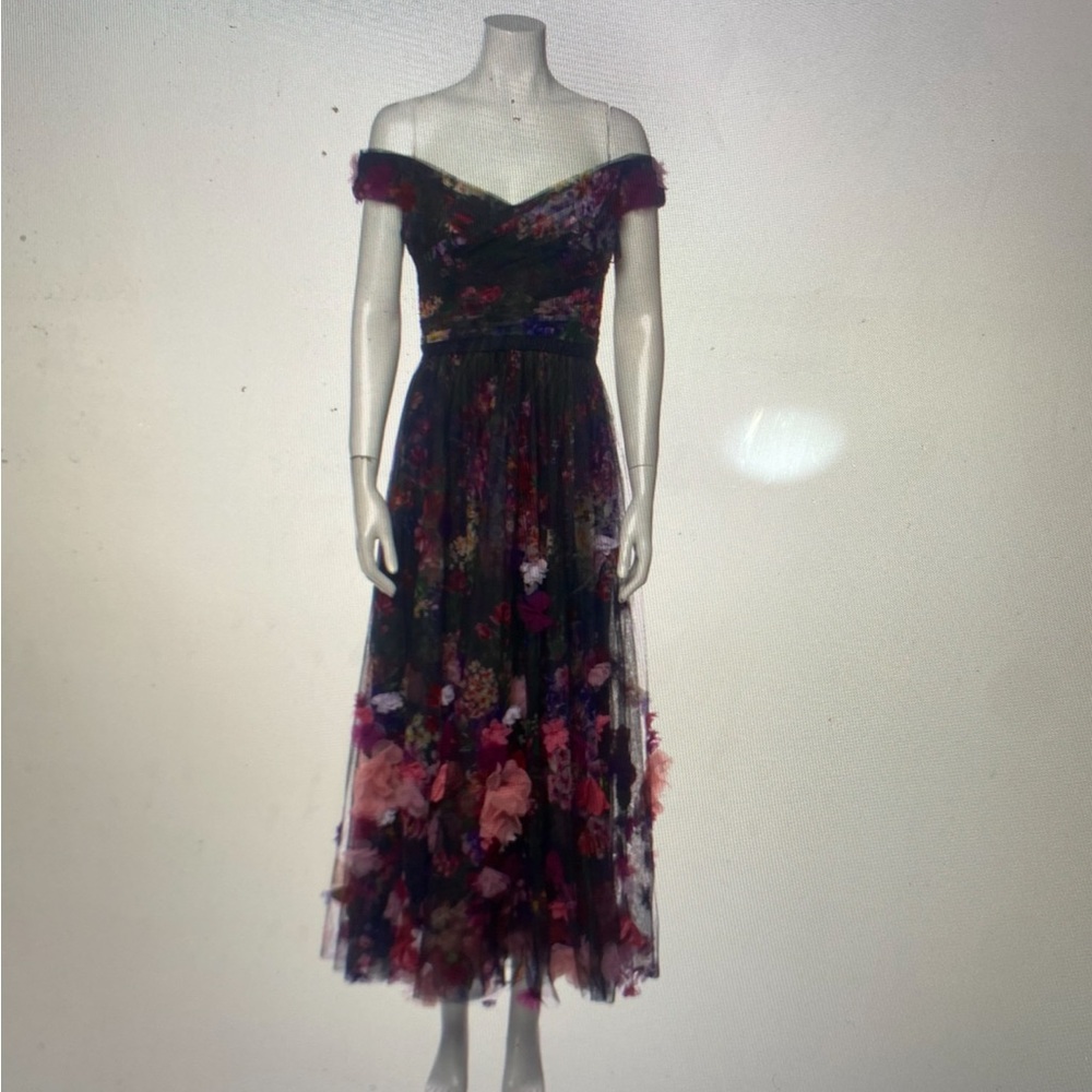 MARCHESA NOTTE 3D Floral Embroidered Tulle Gown